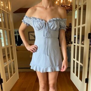 Lucy in the Sky Off The Shoulder Dress in Baby Blue